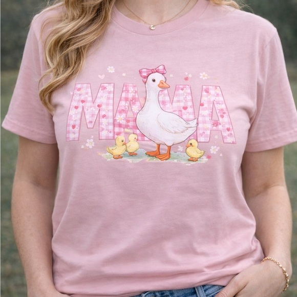 Viva Little Shop handmade Tops - Mama Goose Floral Graphic Tee Pink Cute Mom Shirt Cotton Soft